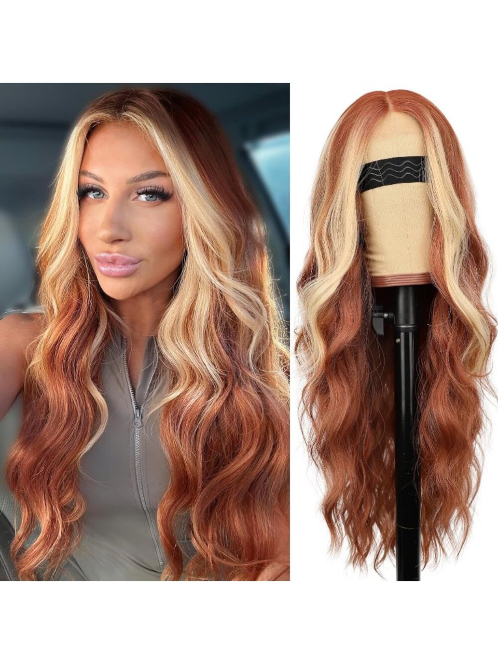 Women's Ginger Blonde Lace Hairline 26 Inch Synthetic Heat Resistant Wavy Wigs